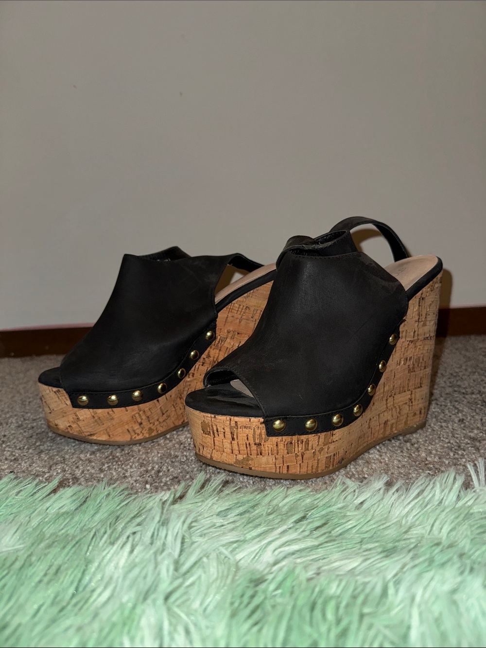 Shoe Dazzle Black Cork Wedge Sandals with Stud Accents